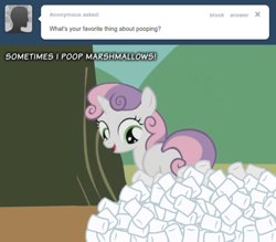 Size: 500x438 | Tagged: safe, derpibooru import, sweetie belle, crap, excrement, food, marshmallow, not salmon, plot, pooping, solo, sweetie belle is a marshmallow too, sweetiepoo, tumblr, wat