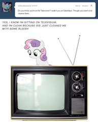 Size: 500x648 | Tagged: safe, derpibooru import, sweetie belle, saturday, solo, sweetie poo, sweetiepoo, television, tumblr