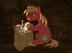 Size: 1626x1187 | Tagged: safe, artist:sigmanas, derpibooru import, big macintosh, earth pony, pony, barrel, cider, dark, darkness, drunk, male, sitting, solo, stallion, wip