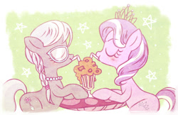 Size: 1133x735 | Tagged: safe, artist:nmnkgskds, diamond tiara, silver spoon, earth pony, pony, accessory, blushing, braid, drink, duo, duo female, eyes closed, female, filly, glasses, good end, lesbian, milkshake, mushroom, pearl necklace, pixiv, sharing a drink, shipping, silvertiara, table, tiara