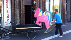 Size: 1280x720 | Tagged: safe, derpibooru import, alicorn, human, denmark, irl, irl human, photo, wooden pony, youtube link