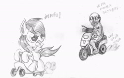 Size: 2712x1700 | Tagged: safe, artist:piterq12, derpibooru import, scootaloo, crossover, grand theft auto, gta v, monochrome, scooter, scooter brothers, trevor philips