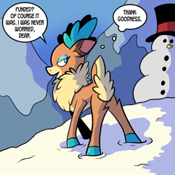 Size: 576x576 | Tagged: safe, artist:pembroke, velvet reindeer, deer, reindeer, them's fightin' herds, community related, dialogue, snow, snowman, solo