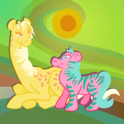 Size: 900x900 | Tagged: safe, artist:systemcat, derpibooru import, giraffe, zebra, g1, creamsicle (g1), zig zag