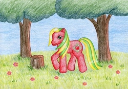 Size: 1024x714 | Tagged: safe, artist:normaleeinsane, derpibooru import, applejack (g3), g3, flower, solo, traditional art, tree