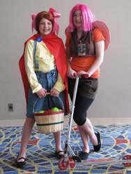 Size: 2736x3648 | Tagged: artist needed, safe, artist:raeraecosplay, derpibooru import, apple bloom, scootaloo, human, cape, clothes, convention, cosplay, irl, irl human, momocon, momocon 2012, overalls, photo, scooter, target demographic