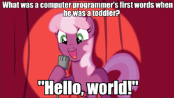 Size: 958x541 | Tagged: safe, derpibooru import, cheerilee, earth pony, pony, cheerilee pun, curtain, exploitable meme, female, green eyes, hello world, image macro, mare, meme, microphone, open mouth, programming, smiling, solo, spotlight, text, two toned mane, two toned tail