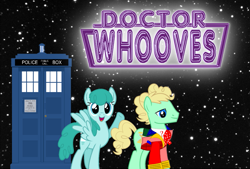 Size: 793x536 | Tagged: safe, derpibooru import, doctor whooves, spring melody, sprinkle medley, colin baker, sixth doctor, tardis, the explosion in a rainbow factory