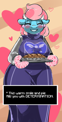 Size: 1200x2335 | Tagged: safe, artist:arnachy, cup cake, anthro, breasts, clothes, costume, crossover, cups cake, cute, eyes closed, female, grin, pie, smiling, solo, toriel, undertale