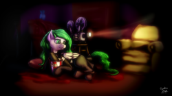 Size: 1024x575 | Tagged: safe, artist:cyclone-dusk, derpibooru import, oc, oc only, oc:sumica, pegasus, pony, chair, clothes, hoof hold, on side, popcorn, projector, skirt, smiling, solo, stockings, tattoo, watching