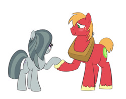 Size: 1020x800 | Tagged: safe, artist:carnifex, big macintosh, marble pie, earth pony, pony, hearthbreakers, blushing, cute, eye contact, female, holding hooves, looking at each other, male, marblemac, mare, shipping, simple background, smiling, smiling at each other, stallion, straight, white background