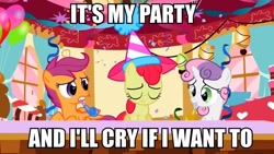 Size: 960x540 | Tagged: safe, derpibooru import, edit, edited screencap, screencap, apple bloom, scootaloo, sweetie belle, the cutie pox, balloon, caption, confetti, crying, cutie mark crusaders, hat, image macro, it's my party, lesley gore, noisemaker, party, party hat, sad, song, song reference, streamers