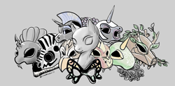 Size: 1250x622 | Tagged: safe, artist:shunka warakin, derpibooru import, oc, oc only, changeling, griffon, timber wolf, zebra, ask, ask-the-mask, head, mask, masks, tumblr