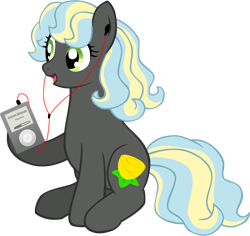 Size: 888x839 | Tagged: safe, artist:ludiculouspegasus, derpibooru import, oc, oc only, earth pony, pony, amber flush, earbuds, female, ipod, mare, mp3 player, music, solo