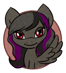 Size: 635x699 | Tagged: safe, artist:prettykitty, derpibooru import, oc, oc only, oc:mishadash, pegasus, pony, bust, gray mane, red eyes, solo