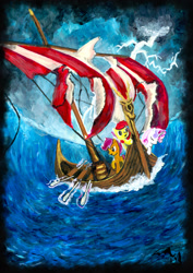 Size: 1024x1448 | Tagged: safe, artist:laura-g-art, derpibooru import, apple bloom, scootaloo, sweetie belle, pony, boat, cutie mark crusaders, female, filly, lightning, painting, ship, traditional art, viking, viking ship, water