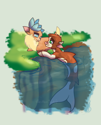 Size: 728x900 | Tagged: safe, artist:alorix, arizona cow, velvet reindeer, cow, deer, reindeer, seacow, them's fightin' herds, community related, riverbank, simple background, species swap, velvezona daily, water