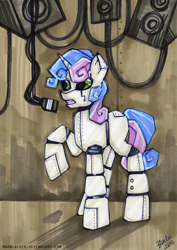 Size: 690x976 | Tagged: safe, artist:madblackie, derpibooru import, sweetie belle, sweetie bot, pony, robot, robot pony, unicorn, eyes closed, female, hooves, horn, microphone, open mouth, singing, solo, species swap, traditional art