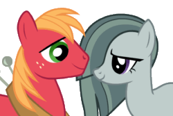 Size: 450x300 | Tagged: safe, artist:tiredbrony, big macintosh, marble pie, earth pony, pony, hearthbreakers, animated, blushing, boop, cute, eye contact, eyes closed, female, keyframes only, looking away, macabetes, male, marblebetes, marblemac, mare, noseboop, nuzzling, shipping, shy, simple background, smiling, stallion, straight, transparent background