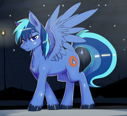 Size: 1280x1164 | Tagged: safe, artist:miketheuser, derpibooru import, oc, oc only, oc:umami stale, pegasus, pony, bedroom eyes, explicit source, looking at you, night, sky, smiling, solo, spread wings, stars, unshorn fetlocks