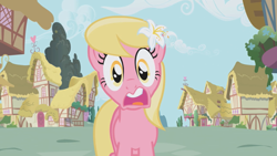 Size: 1280x720 | Tagged: safe, derpibooru import, screencap, lily, lily valley, applebuck season, season 1, face, funny, solo, surprised