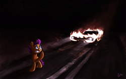 Size: 2800x1758 | Tagged: safe, artist:sevoohypred, derpibooru import, scootaloo, pony, car, christine, crossover, imminent death, imminent fried chicken, john carpenter, nightmare night, plymouth, plymouth fury, scootabuse, stephen king