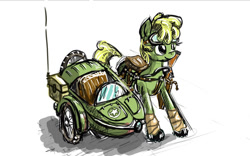 Size: 944x590 | Tagged: safe, artist:agm, derpibooru import, oc, oc only, goggles, holster, military, motorcycle, ponified, sidecar, solo, weapon