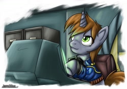 Size: 1200x838 | Tagged: safe, artist:jeffk38uk, derpibooru import, oc, oc only, oc:littlepip, pony, unicorn, fallout equestria, clothes, computer, fanfic, fanfic art, female, hooves, horn, mare, pipbuck, solo, terminal, vault suit