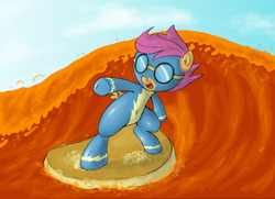 Size: 1000x725 | Tagged: safe, artist:shoroch, derpibooru import, scootaloo, pancakes, solo, surfing, syrup, wonderbolts uniform