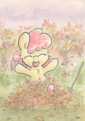 Size: 686x977 | Tagged: safe, artist:slightlyshade, derpibooru import, apple bloom, autumn, fork, leaves, solo, traditional art