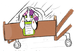 Size: 707x465 | Tagged: safe, artist:crimisonpencil, derpibooru import, sweetie belle, bed, hospital, injured, mixed art, scared, solo