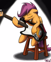 Size: 2500x3000 | Tagged: safe, artist:mattings, derpibooru import, scootaloo, bass guitar, guitar, musical instrument, scootabass, sitting, solo, stool