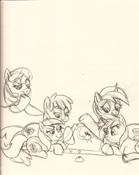 Size: 2512x3148 | Tagged: safe, artist:enigmaticfrustration, derpibooru import, berry punch, berryshine, cheerilee, minuette, piña colada, ruby pinch, applecore, family, female, lesbian, shipping, traditional art