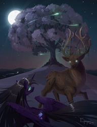 Size: 781x1023 | Tagged: dead source, safe, artist:jackjacko-eponymous, derpibooru import, oc, oc only, alicorn, deer, firefly (insect), pony, alicorn oc, dark, glowing eyes, moon, night, runes, spread wings, stag, tree