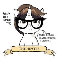 Size: 795x803 | Tagged: safe, artist:owlor, derpibooru import, raven, before it was cool, dialogue, glasses, hipster, old banner, solo