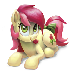 Size: 1861x1865 | Tagged: safe, artist:kaermter, derpibooru import, roseluck, earth pony, pony, bow, cute, cuteluck, cutie mark, female, hooves, lineless, mare, prone, scrunchy face, simple background, smiling, solo, tail bow, transparent background