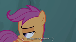 Size: 640x355 | Tagged: safe, derpibooru import, screencap, scootaloo, sleepless in ponyville, meme, solo, youtube caption