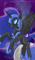 Size: 379x649 | Tagged: safe, artist:spainfischer, derpibooru import, nightmare moon, alicorn, black coat, female, horn, mare, simple background, solo