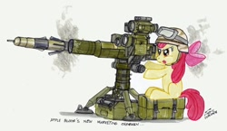 Size: 800x463 | Tagged: safe, artist:buckweiser, derpibooru import, apple bloom, earth pony, pony, female, filly, firing, foal, goggles, helmet, military, missile, missile launcher, simple background, solo, tow missile, white background