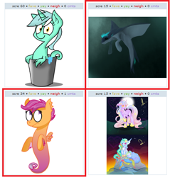 Size: 544x570 | Tagged: safe, derpibooru import, lyra heartstrings, scootaloo, oc, manta ray, sea pony, bucket, exploitable meme, juxtaposition, juxtaposition win, meme, ocean, race swap, species swap