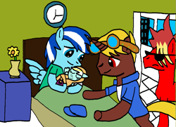 Size: 801x579 | Tagged: safe, artist:symphonydawn3, derpibooru import, oc, oc only, pony, baby, baby pony, bed, clock, cyder creed, drydan rajanveer, flower, foal, goggles, hospital, new parents, newborn, stormie, sunglasses