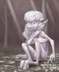 Size: 814x988 | Tagged: safe, artist:meaninglessspine, silver spoon, anthro, creepy, forest, looking at you, sitting, skinny, solo