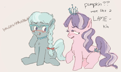 Size: 613x363 | Tagged: safe, artist:nhaingen, diamond tiara, silver spoon, earth pony, pony, accessory, duo, duo female, filly, glasses, pearl necklace, tiara