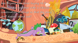 Size: 800x447 | Tagged: safe, derpibooru import, edit, edited screencap, screencap, spike, dragon, secret of my excess, american football, book, bookshelf, flower, globe, greed spike, guitar, hoard, insane pony thread, male, sink, text, trophy