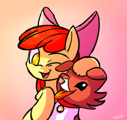 Size: 1700x1600 | Tagged: safe, artist:kanashiipanda, apple bloom, winona, dog, adorabloom, bow, collar, cute, dog collar, duo, filly, hair bow, no pupils, one eye closed, open mouth, pet, pet tag, tongue out, winonabetes