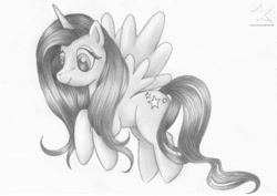 Size: 1024x727 | Tagged: safe, artist:tinawaltner, derpibooru import, oc, oc only, alicorn, pony, alicorn oc, monochrome, solo, traditional art