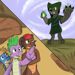 Size: 1280x1280 | Tagged: safe, artist:fuzebox, derpibooru import, spike, oc, oc:magma, oc:sharp, diamond dog, dragon, semi-anthro, clothes, comic, fireball, green, older, older spike, pointing, robe, spike's journey, teenaged dragon, teenager