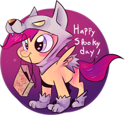 Size: 1222x1126 | Tagged: safe, artist:spanish-scoot, derpibooru import, scootaloo, wolf, bag, clothes, costume, halloween, mouth hold, nightmare night, preguntascootaloo, scootawolf, solo, wolf costume