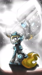 Size: 1400x2488 | Tagged: safe, artist:whitepone, derpibooru import, oc, oc only, oc:lumina, pony, unicorn, awakening, fanfic art, frown, gritted teeth, sitting, snow, snowfall, solo, spaceship, spacesuit