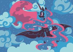 Size: 800x565 | Tagged: safe, artist:yousukou, derpibooru import, nightmare moon, cloud, cloudy, limited palette, moon, solo